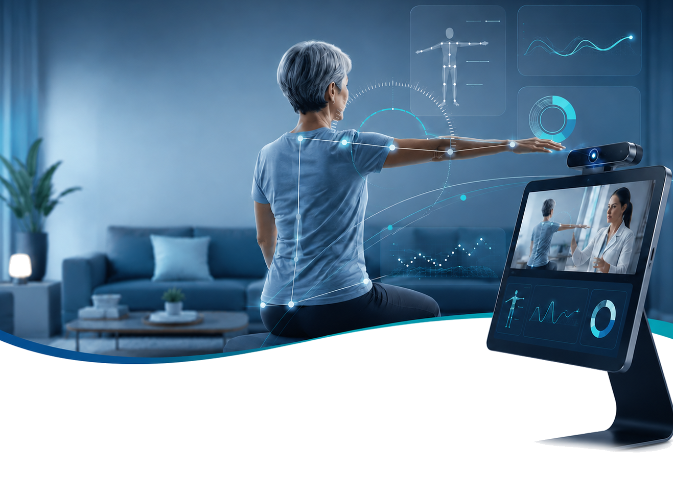 Patient using camera-based clinical assessment at home with clinician on screen